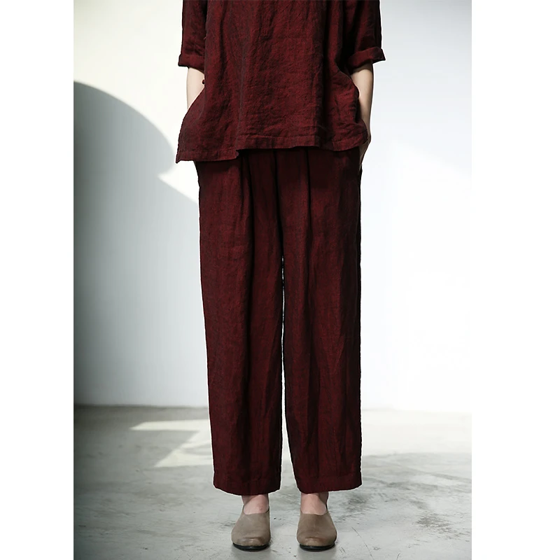 A6568宽松显瘦黑红色色织亚麻文艺禅茶服休闲直筒萝卜裤长裤女