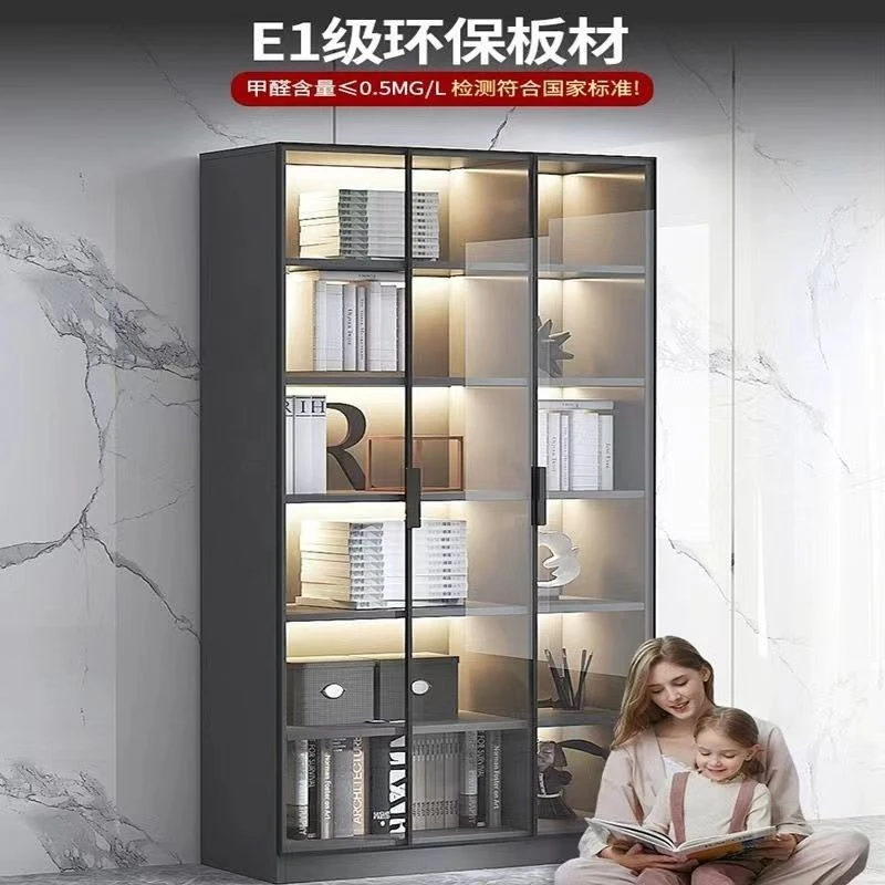 定制家用客厅一体整墙到顶书架实木手办书柜带玻璃门展示酒柜轻奢