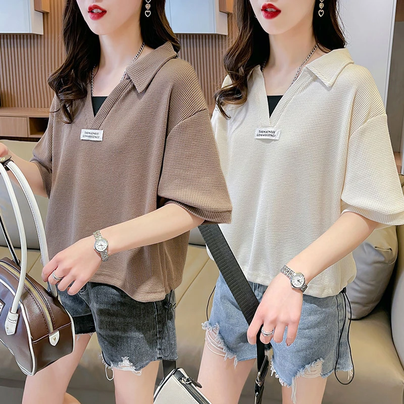 华夫格polo领短袖t恤女2025新款夏季宽松大码胖mm显瘦V领拼接上衣
