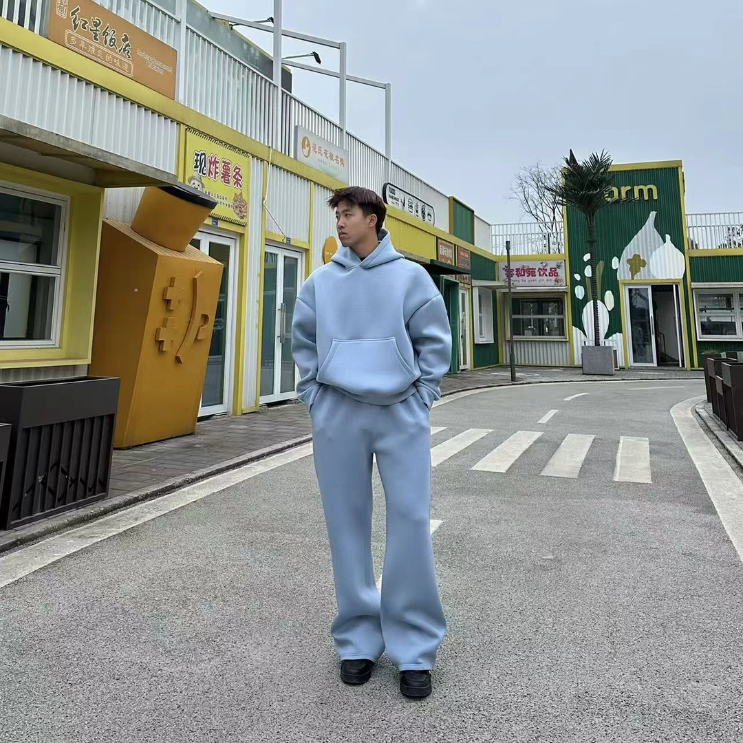 BLBH短宽廓形蓝色重磅加厚休闲卫裤百搭男女基础云感连帽卫衣套装