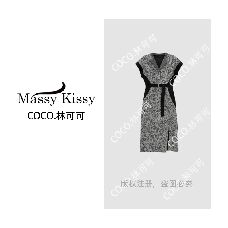 【COCO林可可】墨色腰果花图案V领侧边开叉连衣裙msl310