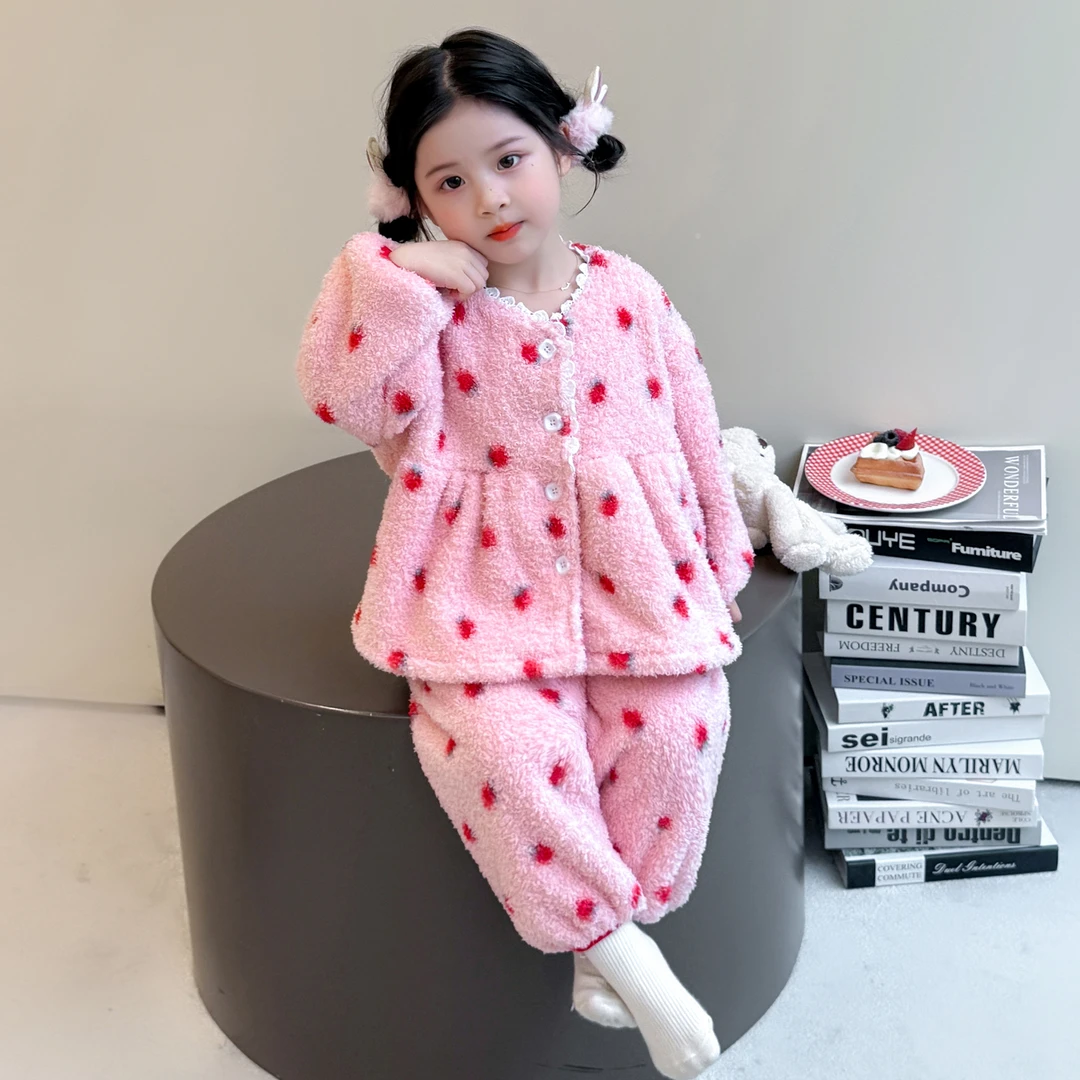女童珊瑚绒睡衣冬季2025新款女宝宝加厚法兰绒套装儿童冬款家居服