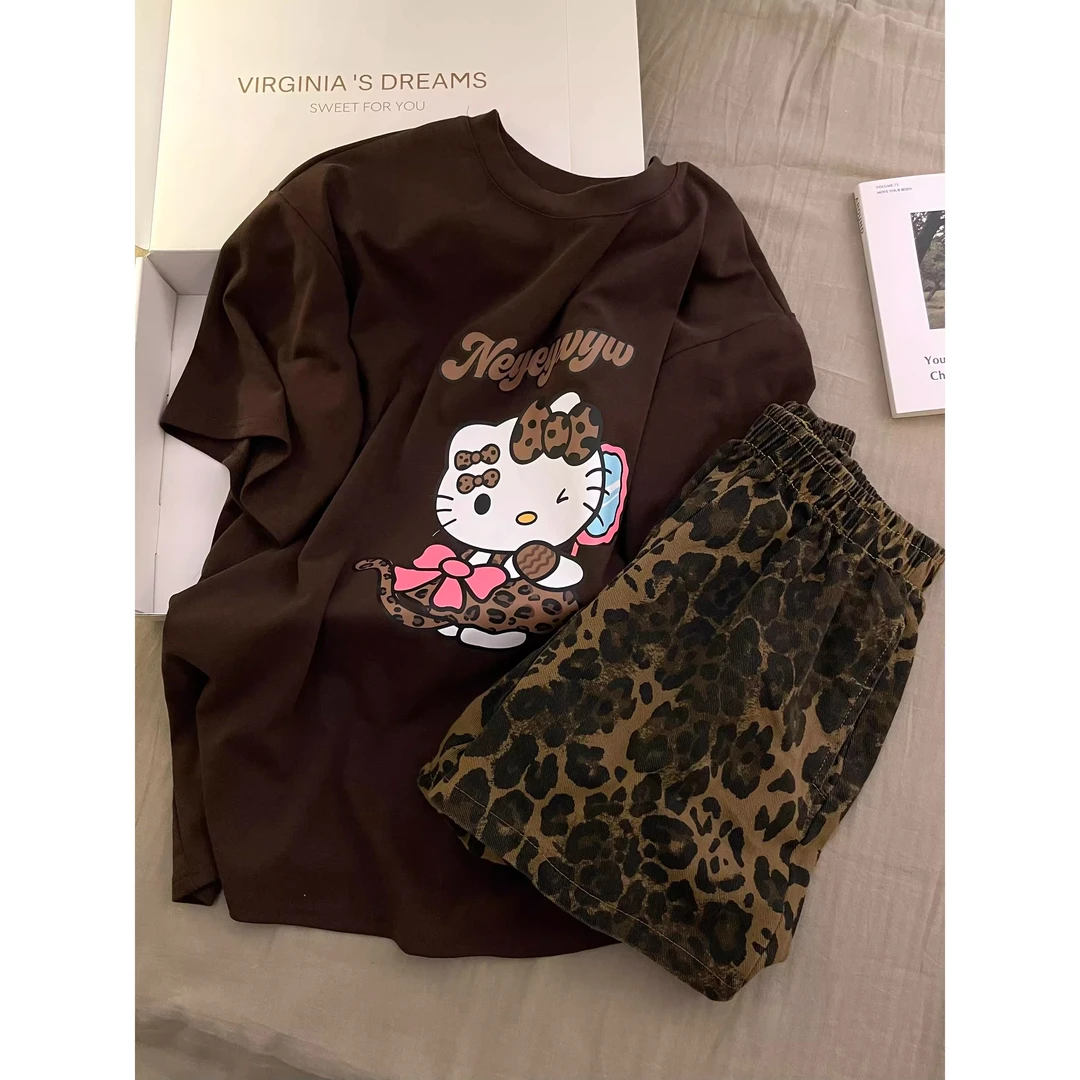 【豹纹Kitty印花】美式短袖T恤睡衣女夏季款宽松显瘦家居服短裤套装