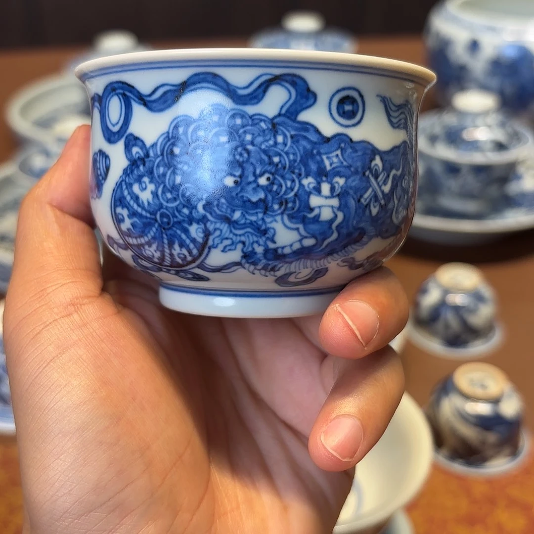 瓷片景德镇手绘茶具双狮绣球