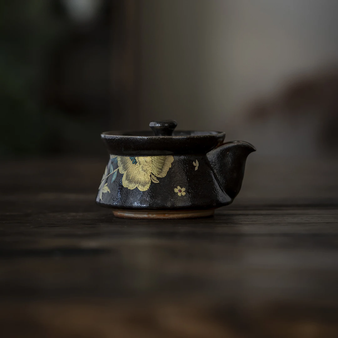 荼梦令志野烧手绘牡丹缂丝手抓壶陶瓷功夫茶具