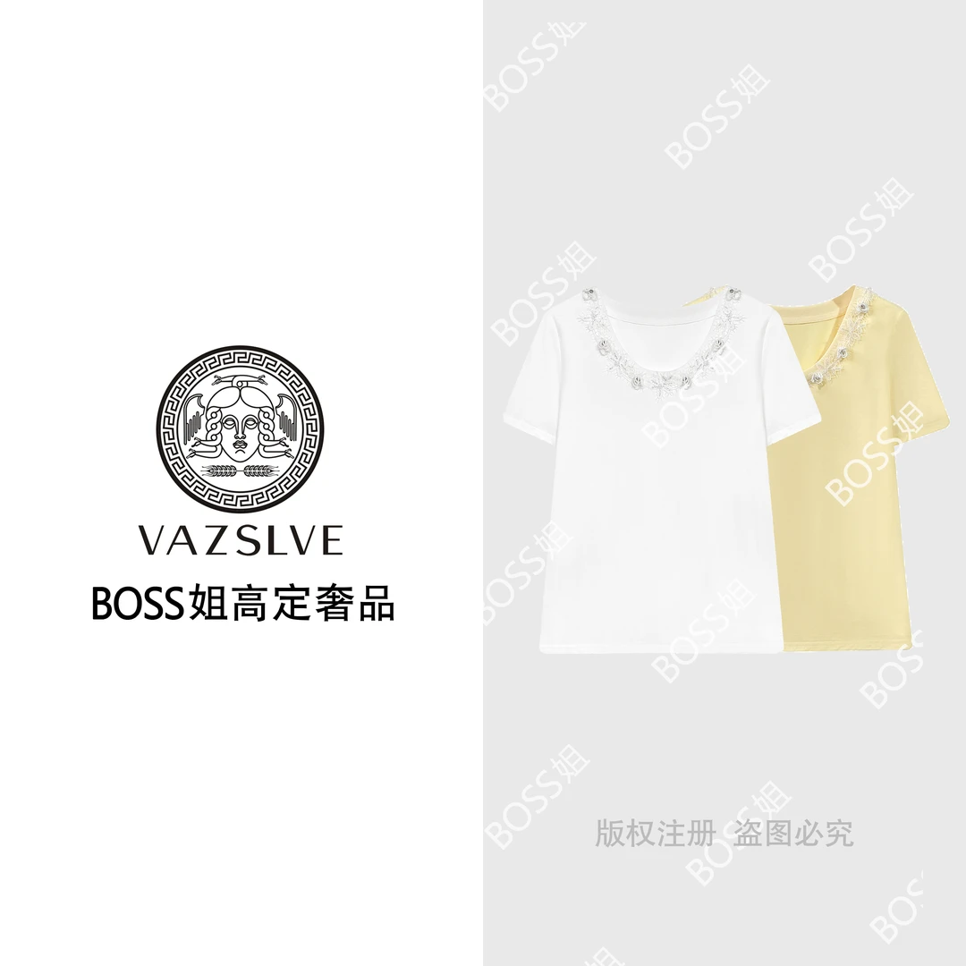 【VAZSLVE/原创设计】66985#重工钉钻蕾丝拼接T恤2025春夏个性上衣