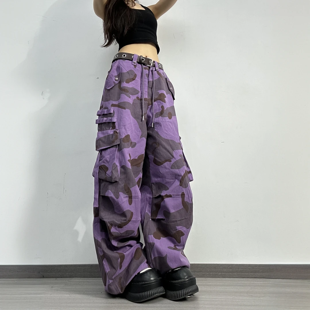 美式复古紫色迷彩工装裤女2025设计感宽松高腰阔腿裤休闲直筒裤潮
