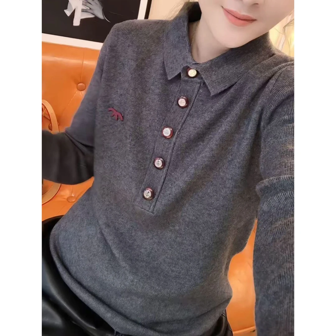 欧货2025冬季新款拼接纽扣polo领针织衫时尚洋气休闲百搭套头上衣