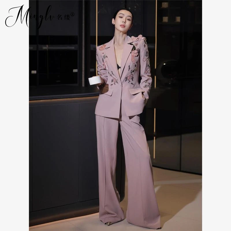 品牌静奢风重工时尚套装女设计高级立体花朵修身西服阔腿裤两件套