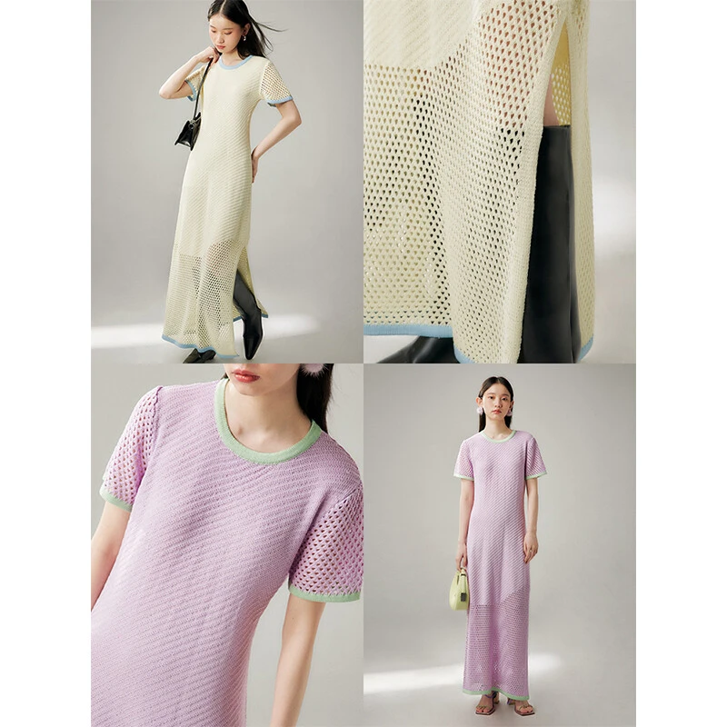 uare原创设计 冰淇淋融化时撞色镂空拼接高捻冰丝连衣裙D80N15815