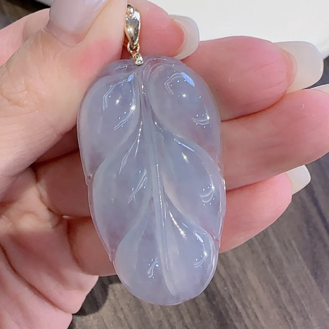 正品18K金翡翠叶子吊坠