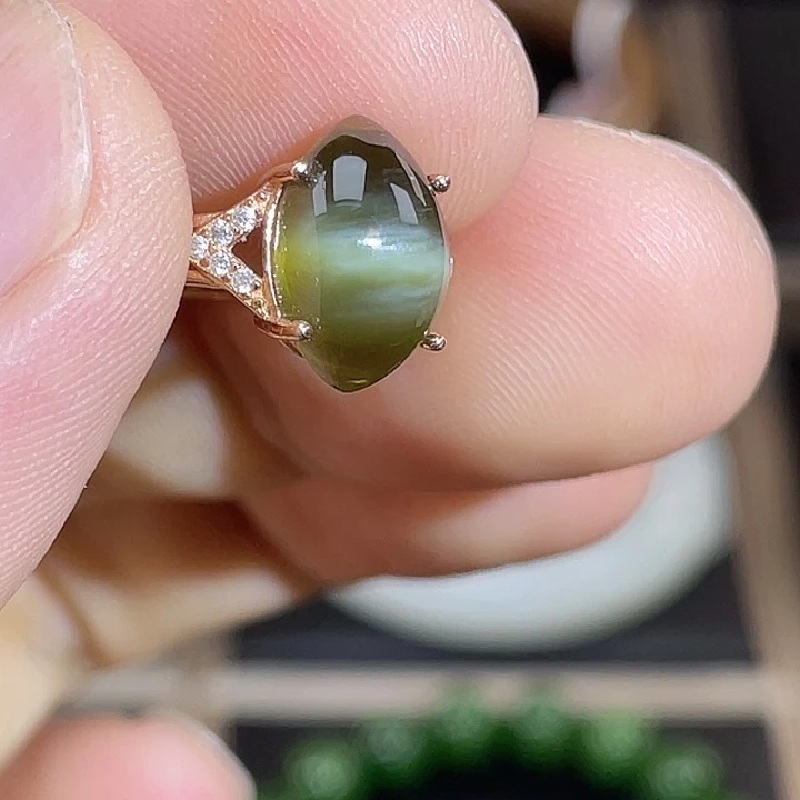 和田玉（碧玉）银S925镶嵌戒指黄金猫