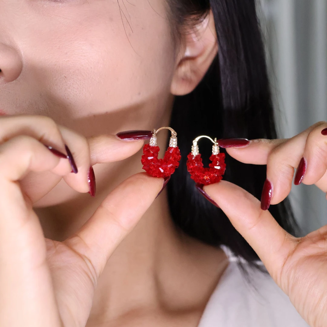 铜合金合成锆石耳饰 日韩复古轻奢风拼色精致红色金色耳环女优雅