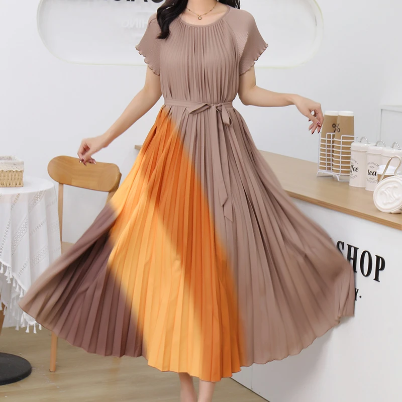 宽松修身短袖百褶裙中长款常规袖褶皱系带夏季优雅连衣裙