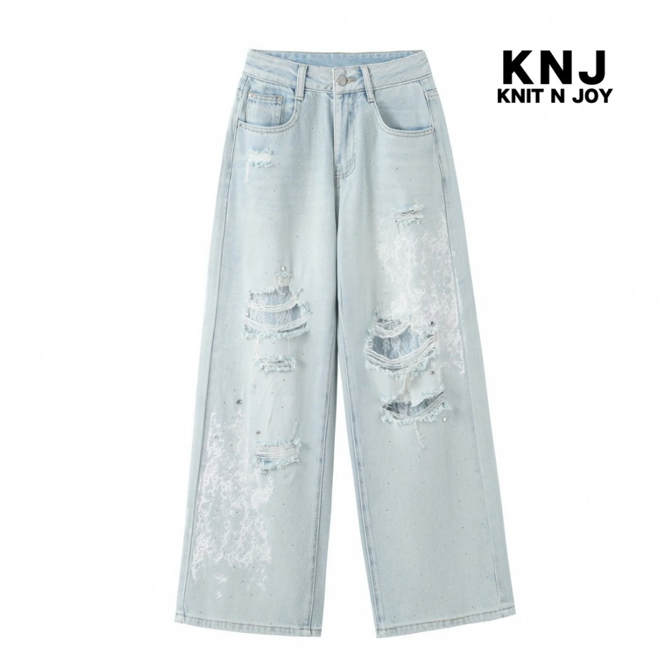 K N J小个子定制2025春夏时尚蕾丝亮片破洞高腰直筒裤宽松浅蓝色