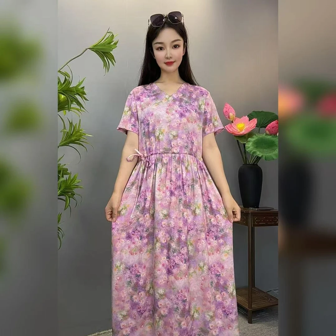 【贡缎】夏季新款棉绸连衣裙时尚洋气短袖宽松中长款有口袋