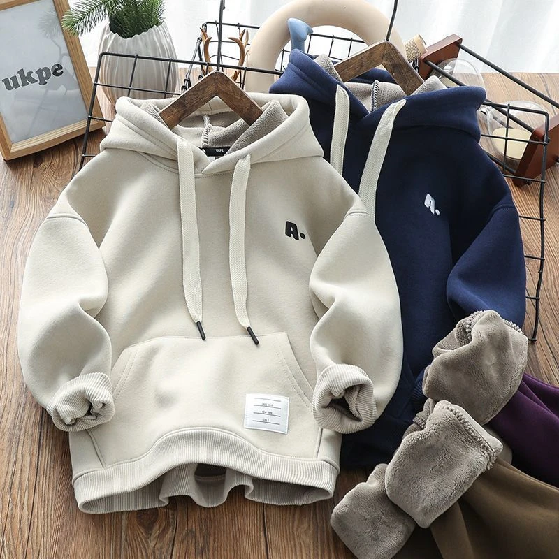 加绒连帽卫衣洋气一体绒加厚打底衫儿童中大童帽衫冬款