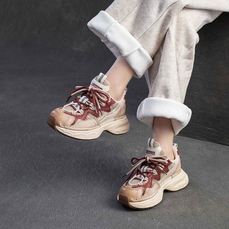 2025女真皮老爹鞋年春季新款小个子厚底增高显脚小轻便运动休闲鞋