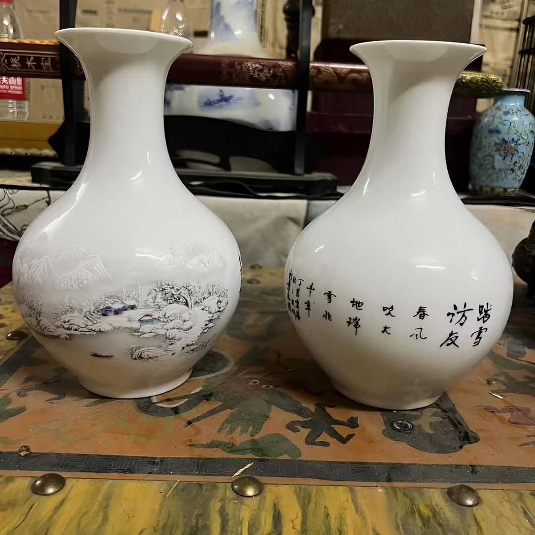 陶瓷器踏雪访友赏瓶一对摆件办公室客厅雪景花瓶插花装饰品雪花瓶