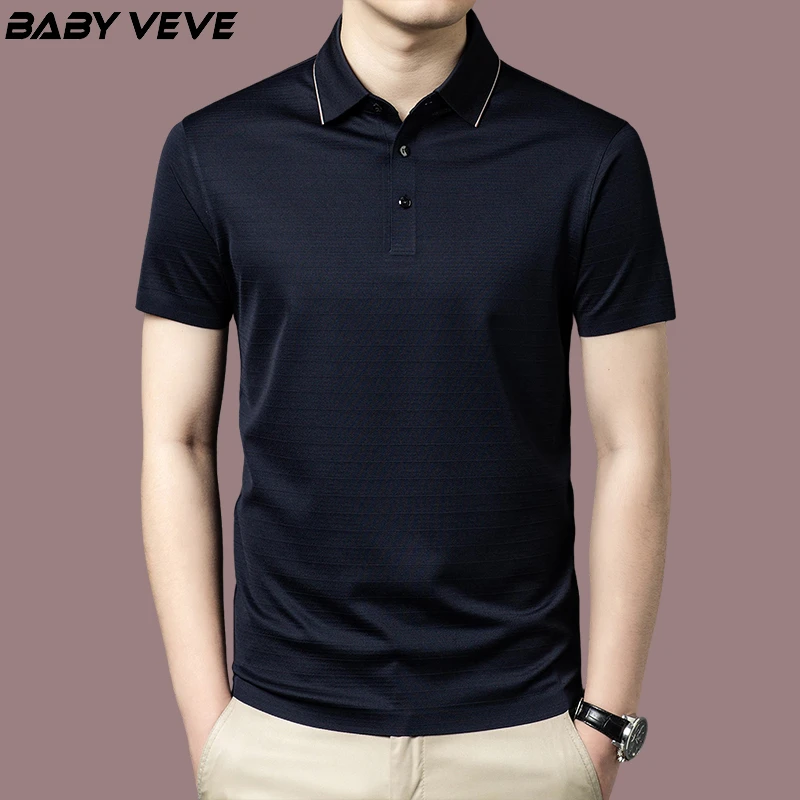 新薄款夏季休闲浅色系商务桑蚕丝棉T恤男装中年上衣时尚t恤条纹