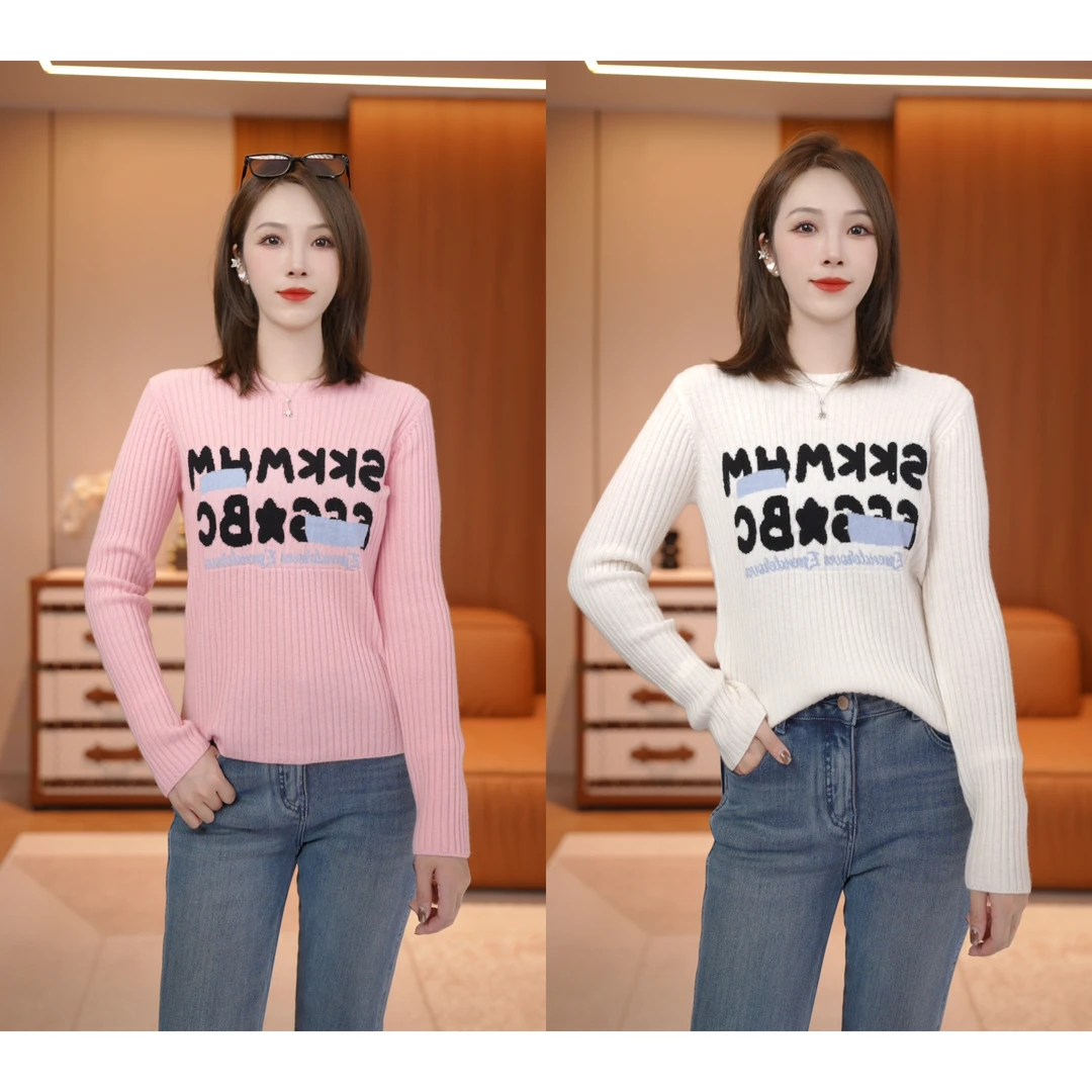 【软糯坑条】字母印花针织衫坑条圆领毛衣XY241711 JDND轩羽L