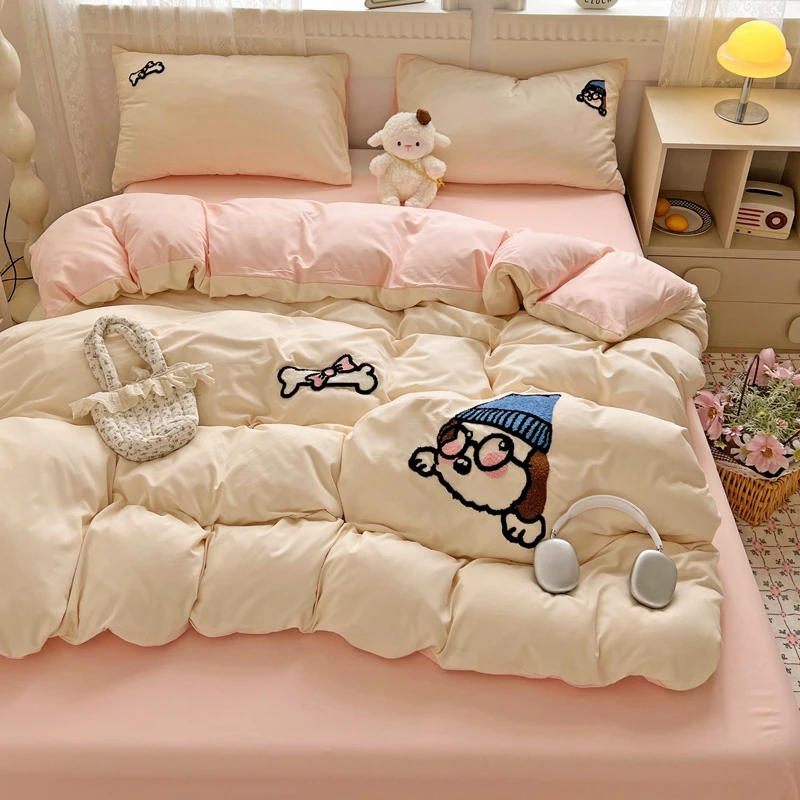 超柔软A类毛巾绣可爱床单四件套床笠被套学生宿舍三件套床上用品