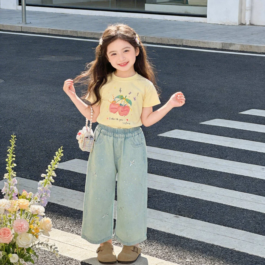 【青空烫钻】2026夏季上新女童韩版百搭蝴蝶结烫钻牛仔裤D-A342
