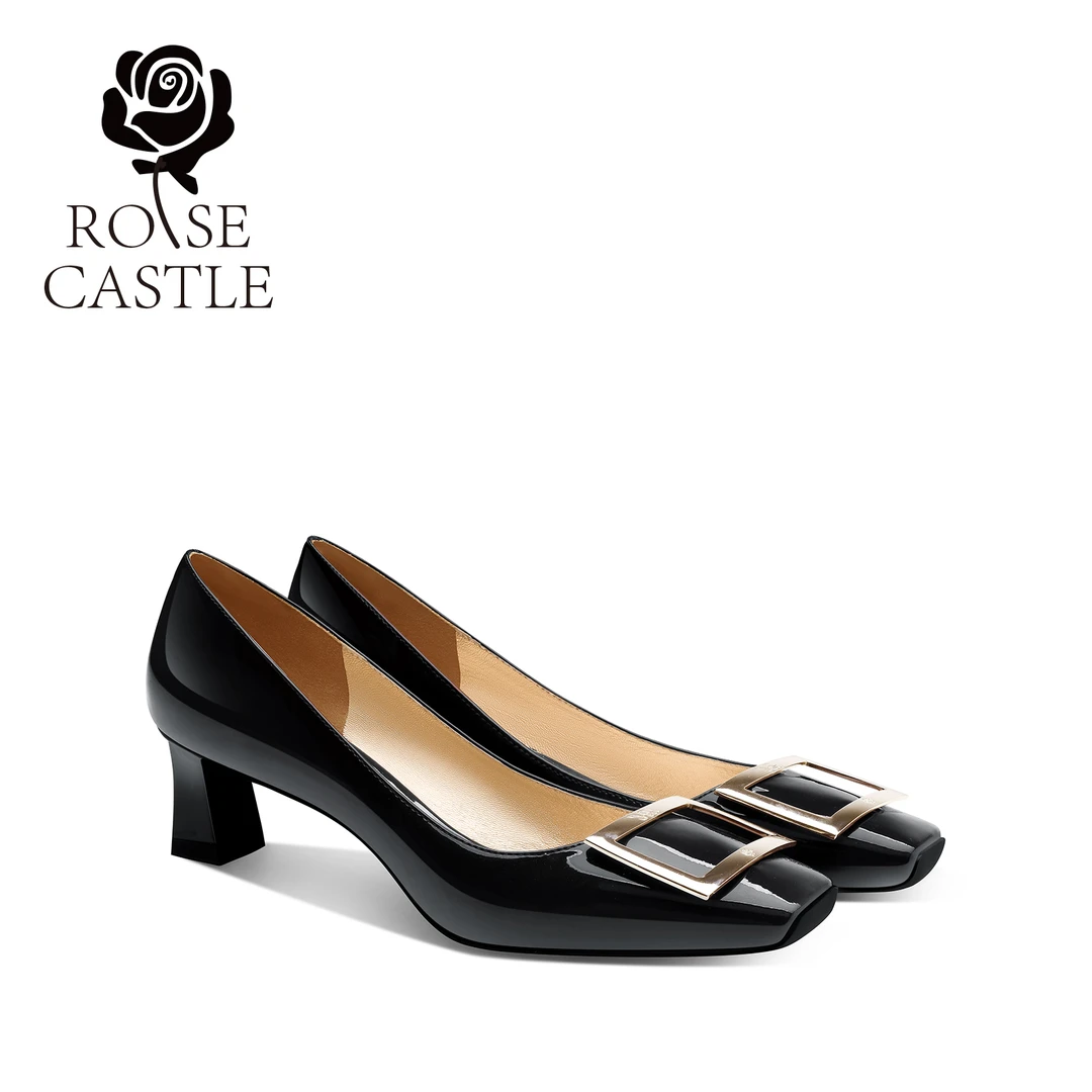 rose castle单鞋女新款方扣气质低跟漆皮套筒鞋百搭通勤方头女鞋