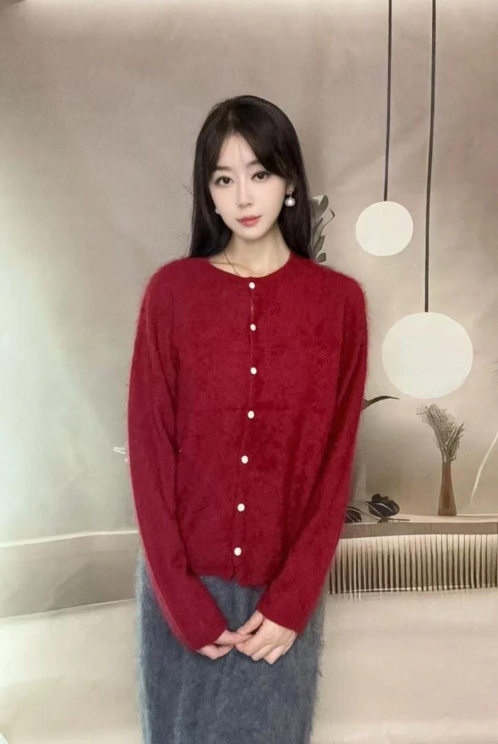 【叁喜】山羊绒拉绒开衫长袖秋冬女针织衫拉毛工原单珍珠扣5228305