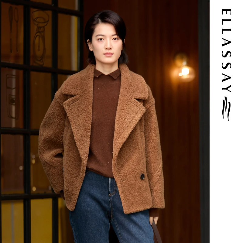 ELLASSAY歌力思2025秋冬新款绵羊毛复古毛呢大衣女EWE364D04000