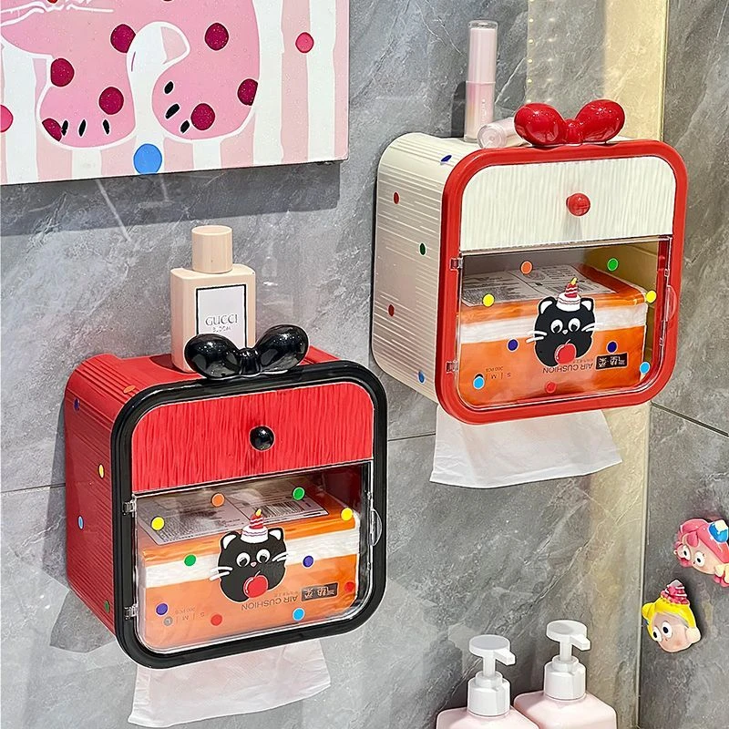 卫生间壁挂蝴蝶结纸巾盒置物架免打孔带抽屉纸巾盒大容量收纳盒