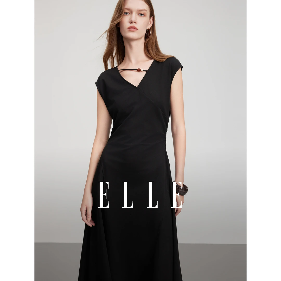 ELLE黑色高级感串珠修身V领连衣裙女2025夏新款显瘦气质EL51530