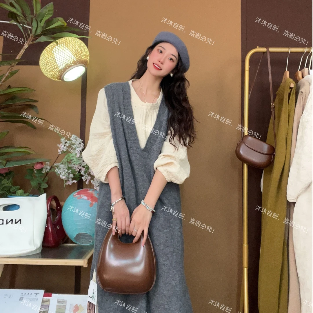 【沐沐自制】89（独立的你） V领 小众感 简约针织宽松超长背心马甲裙
