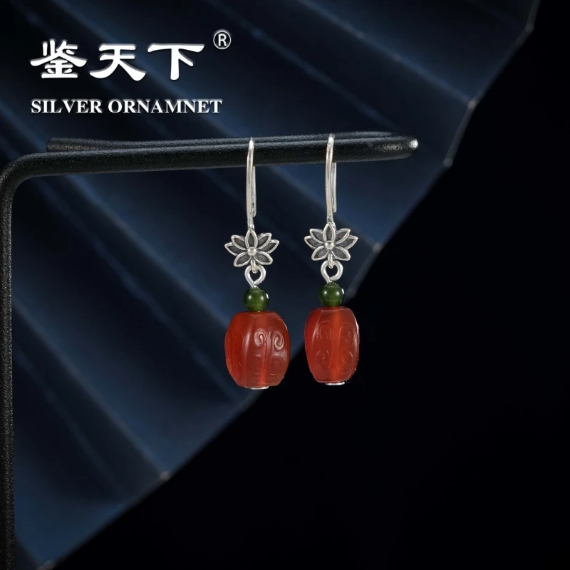 925银红玛瑙棱珠莲花耳钩07220228