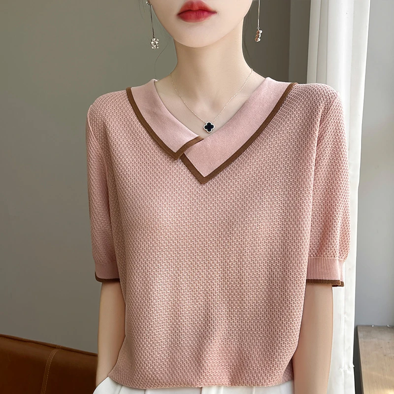 哥弟阿玛施正品【棉+桑蚕丝】短袖t恤2025年新款时尚洋气娃娃领减龄