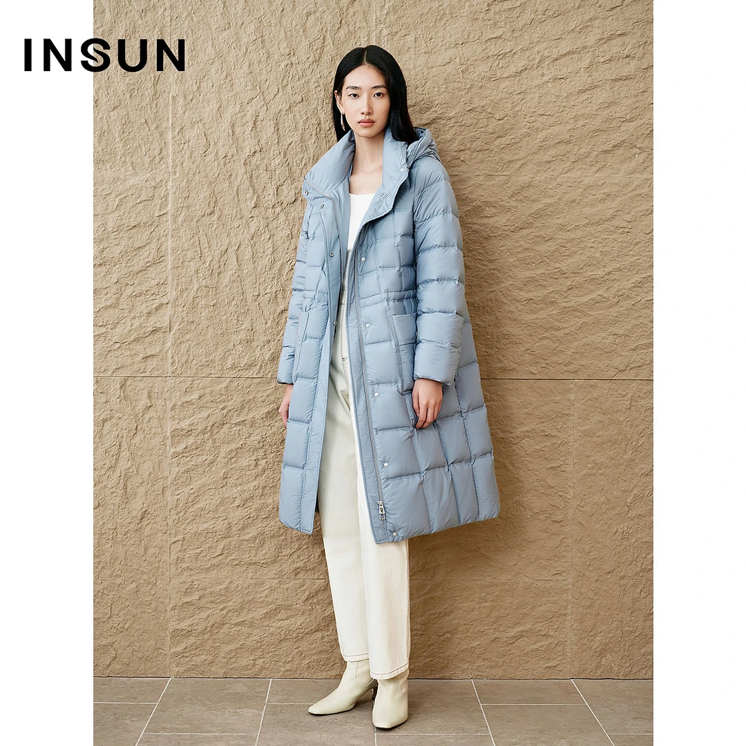 INSUN恩裳专选冬季连帽设计感中长款90鹅绒羽绒服