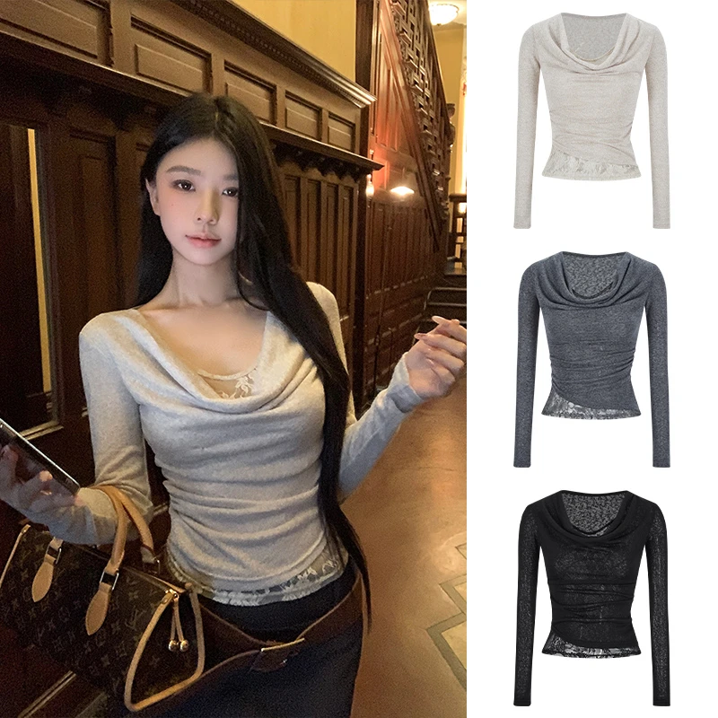 Moses Queen/魔西女王蕾丝拼接假两件荡领长袖T恤女显瘦纯欲上衣