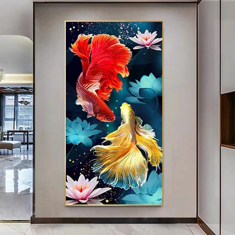 入户玄关2025新款钻石画满钻走廊过道竖版招财锦鲤手工水晶十字绣