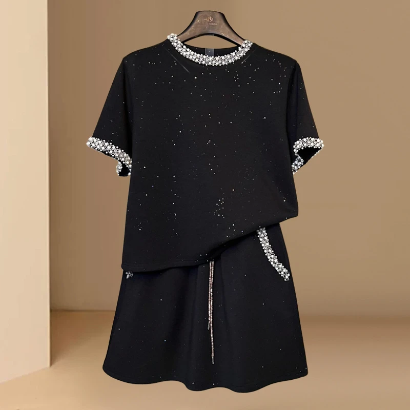 重工钉珠短袖t恤女2025夏季新款韩版宽松设计感潮流感短裤两件套