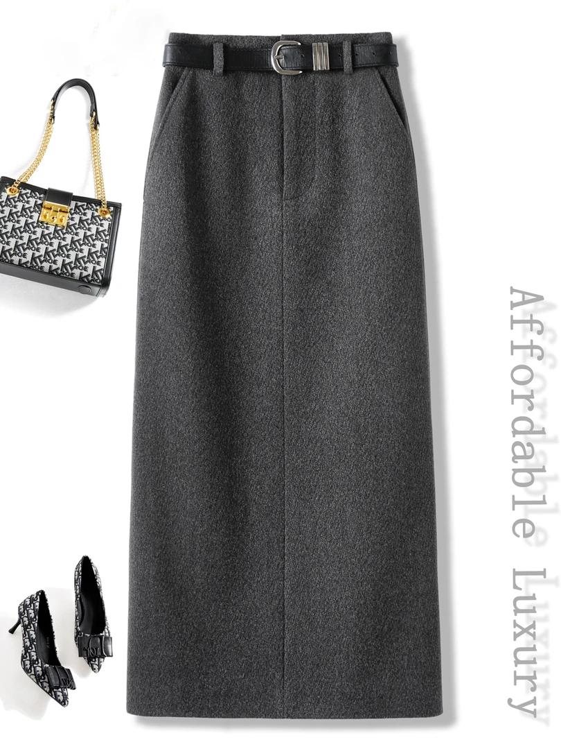 高腰直筒半身长裙女2025秋冬通勤时尚百搭气质开叉a字裙中长款