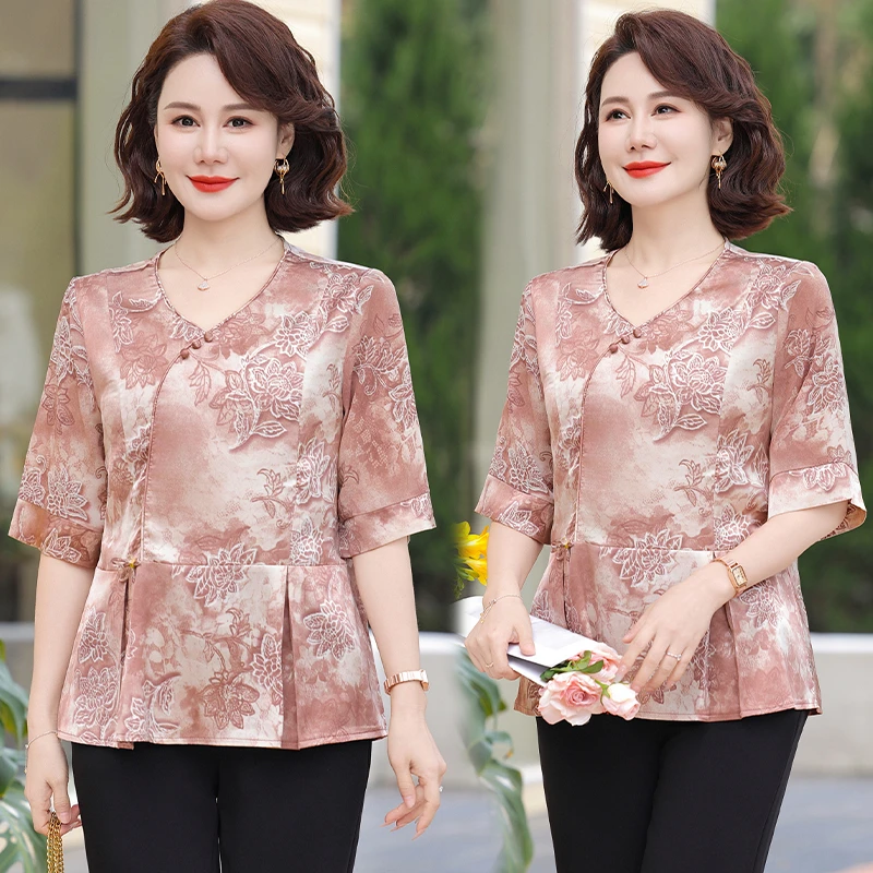 中老年女装春风雅韵上衣打底衫新款中年人女士夏季时尚妈妈装小衫
