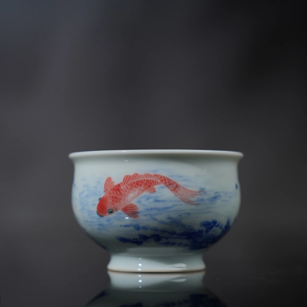 芝山鱼堂 朱清釉下五彩单鲤鱼小炉式杯 高端陶瓷送礼茶器主人杯