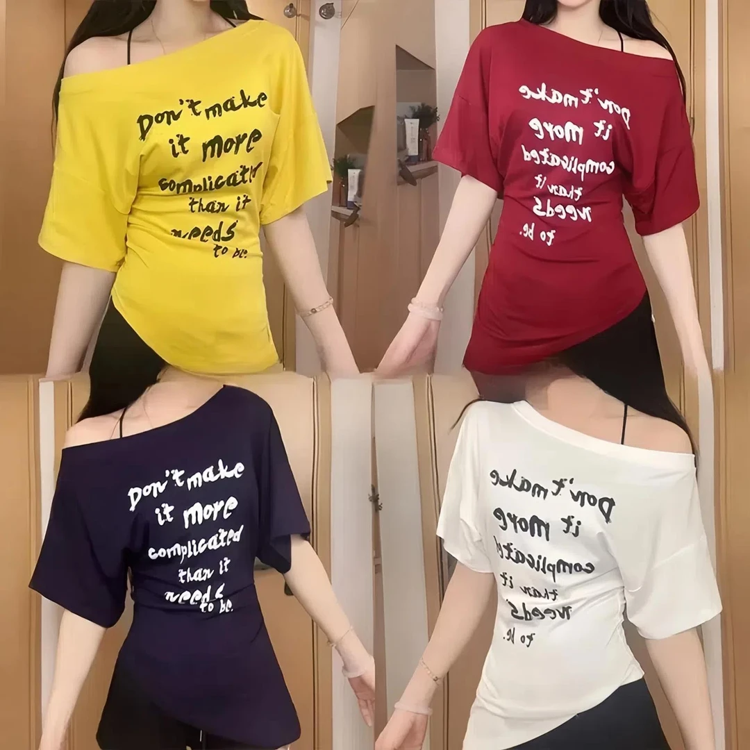 字母印花设计感斜肩短袖t恤女夏季新款辣妹修身显瘦上衣时尚休闲