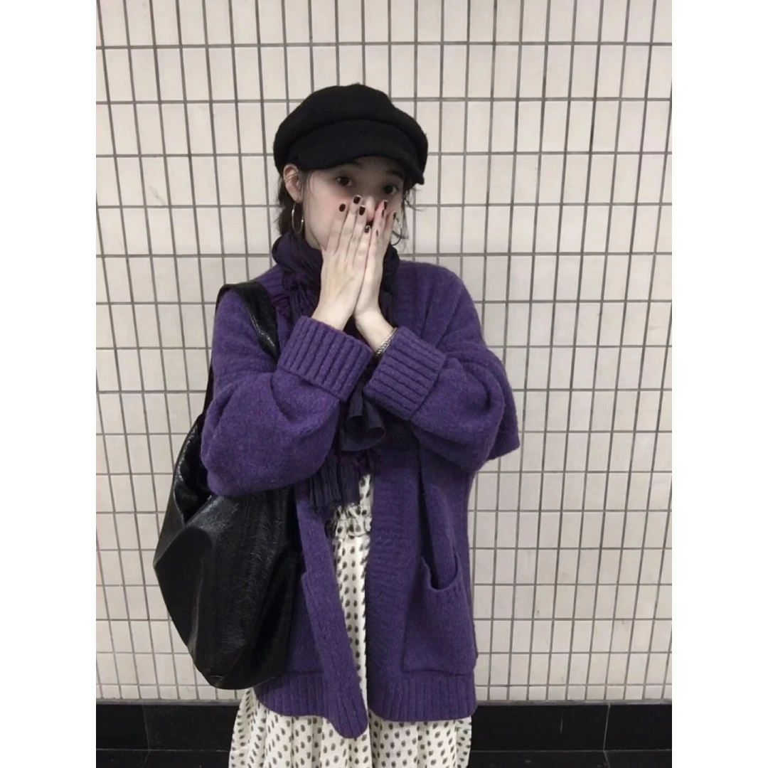 MARIE.COCO秋冬日杂慵懒氛围感紫色毛衣外套内搭波点连衣裙两件套