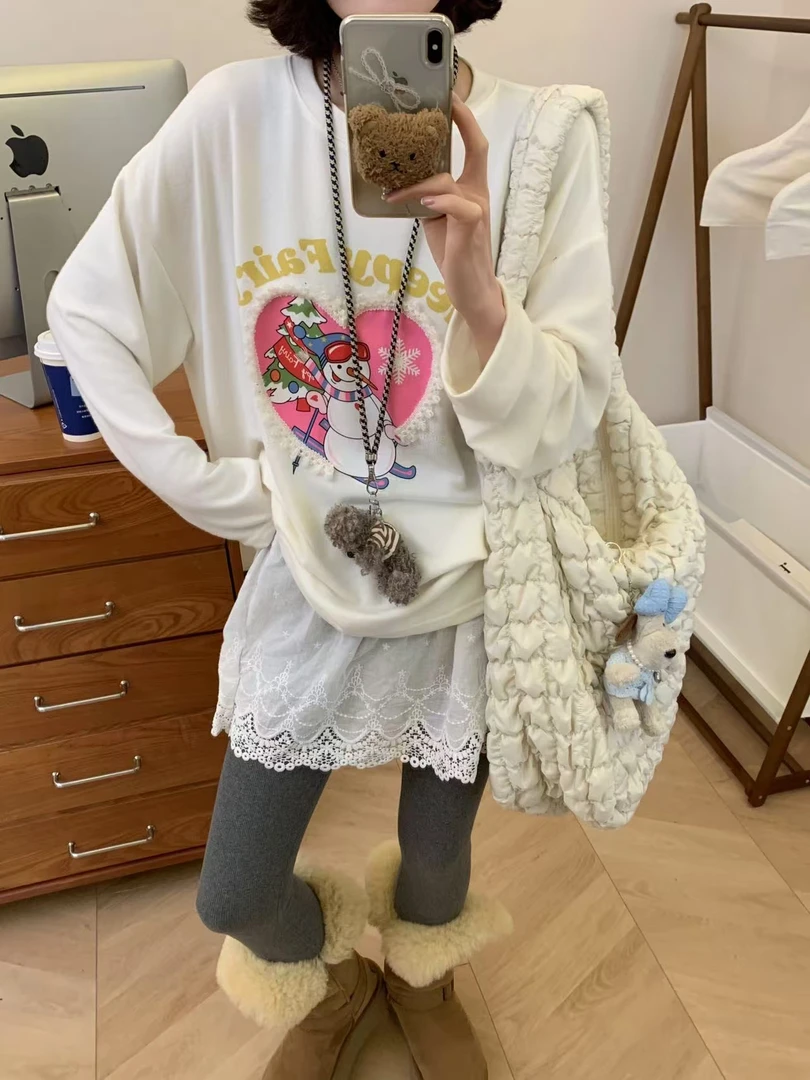 加厚浮力款 花边印花休闲大版打底T恤