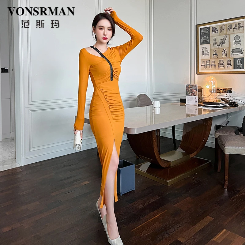 高级感修身连衣裙2025春季新款女小心机镂空拼接开叉性感包臀长裙