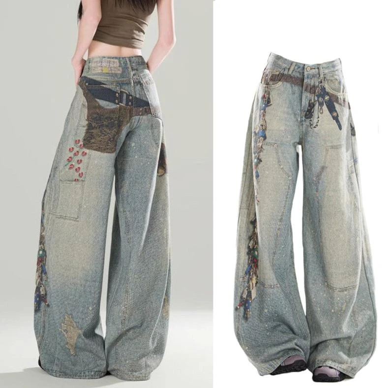 女款美式复古高腰印花阔腿牛仔裤女设计感宽松直筒显瘦垂