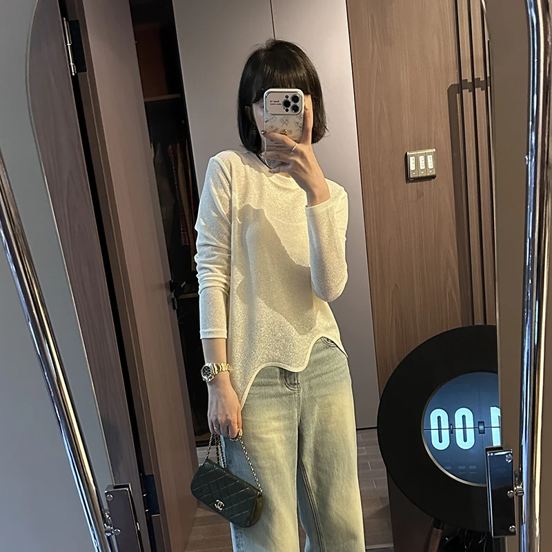 咔呐咪波浪纹不规则微透叠穿圆领超舒服面膜长袖T恤