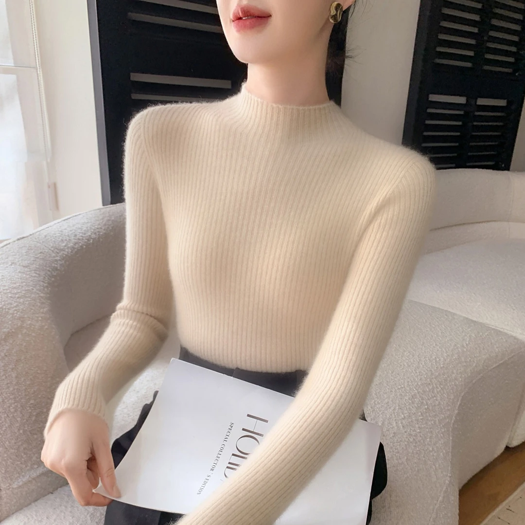 100羊毛重磅加厚450克半高领针织长袖微宽松女打底显瘦-3