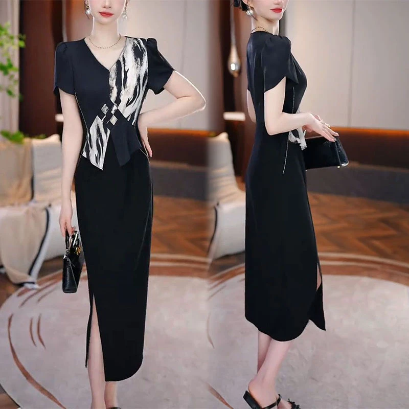 夏季新品2025百搭遮肉短袖中长裙通勤气质复古优雅拼色收腰连衣裙